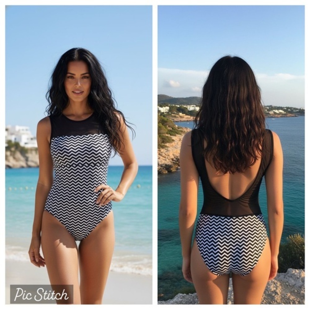 NWT EKOUAER Black & White Chevron 1 Piece Swimsuit